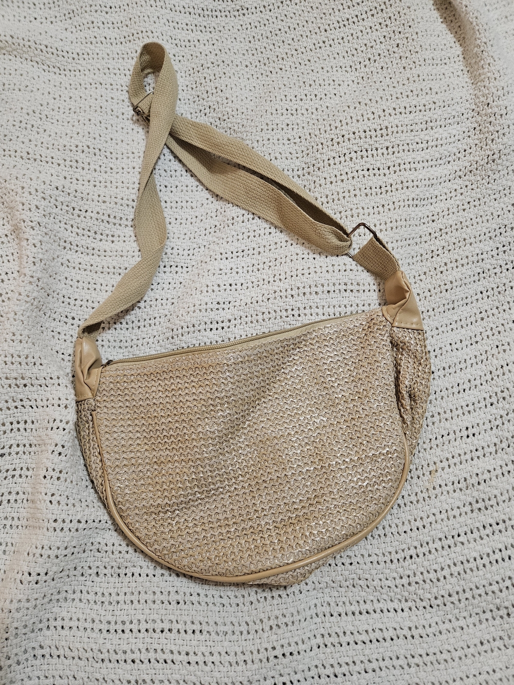 Neutral Woven Half-Moon Crossbody Bag - Tan